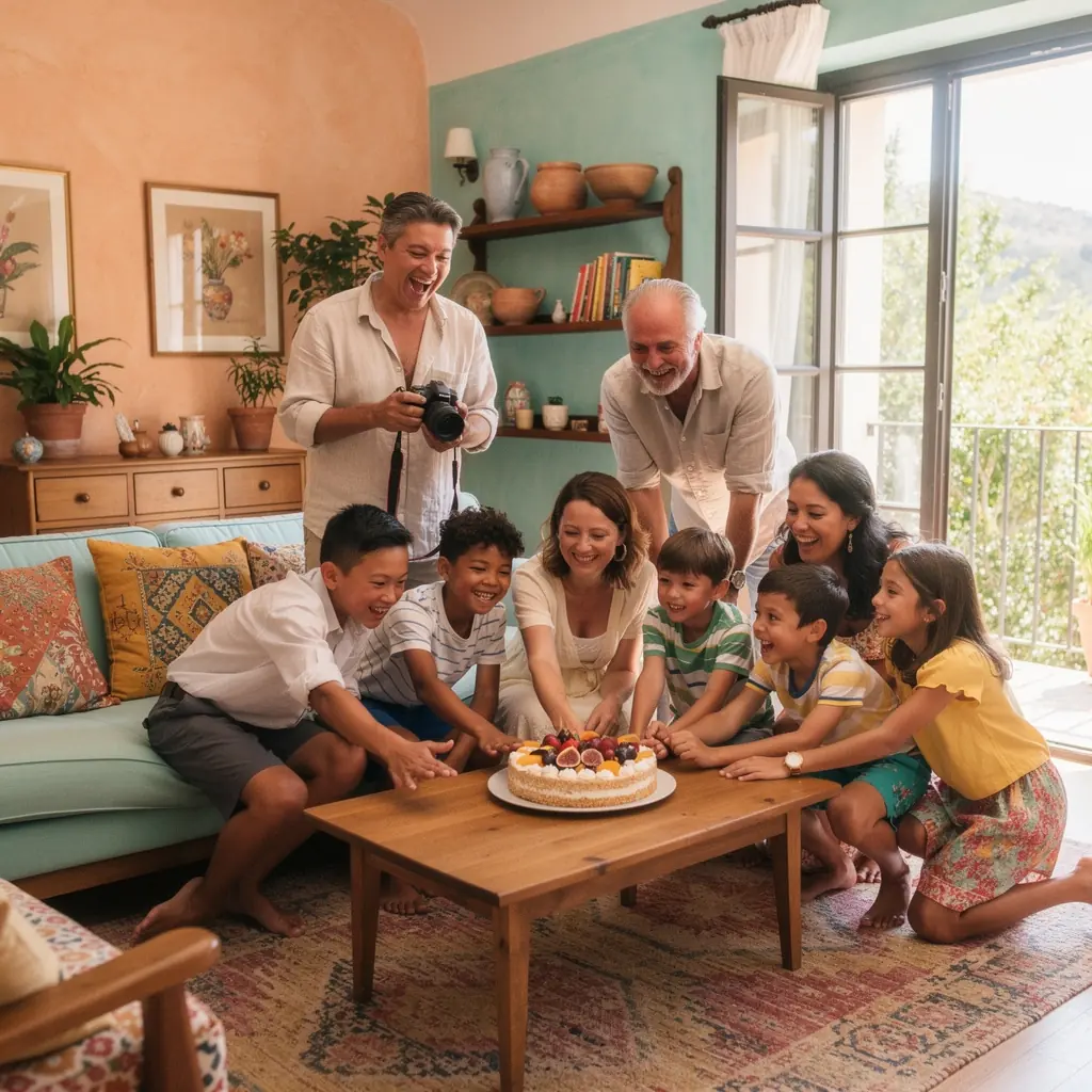 Интерьер дома с открытой планировкой, большими окнами и теплыми тонами.