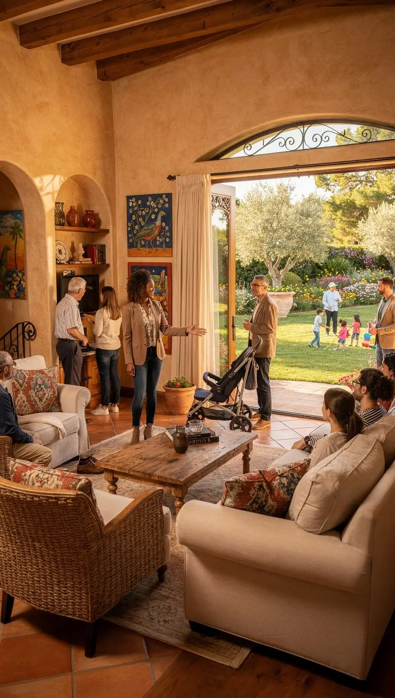 Экстерьер дома с пейзажным дизайном и зелеными насаждениями вокруг.