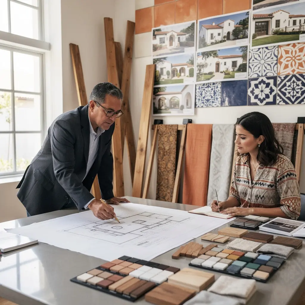 Современный средиземноморский дом с черепичной крышей и оштукатуренным фасадом.