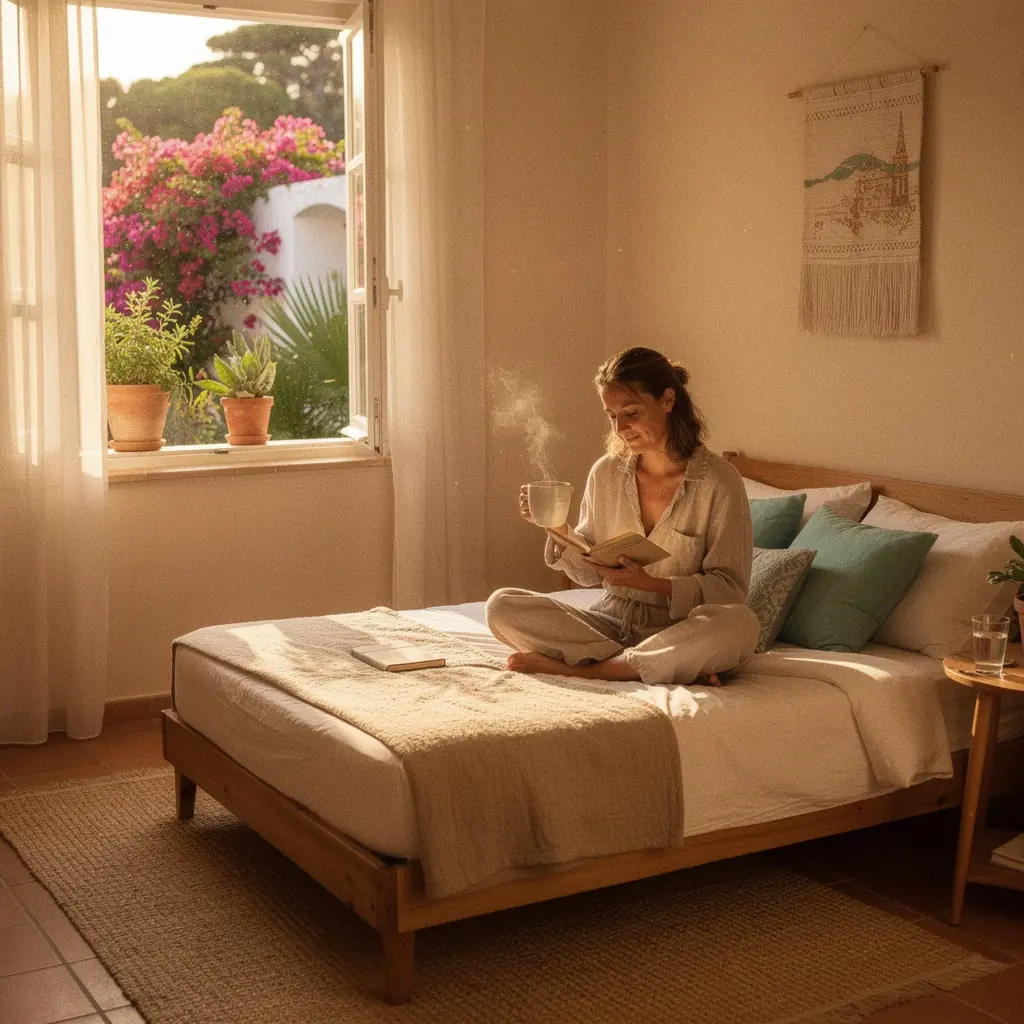 Уютный внутренний дворик с зелеными растениями и плиткой.