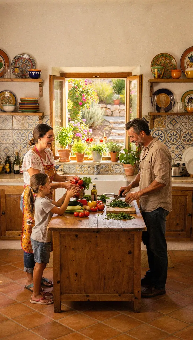 Уютная терраса дома с видом на бассейн, оформленная в средиземноморском стиле.