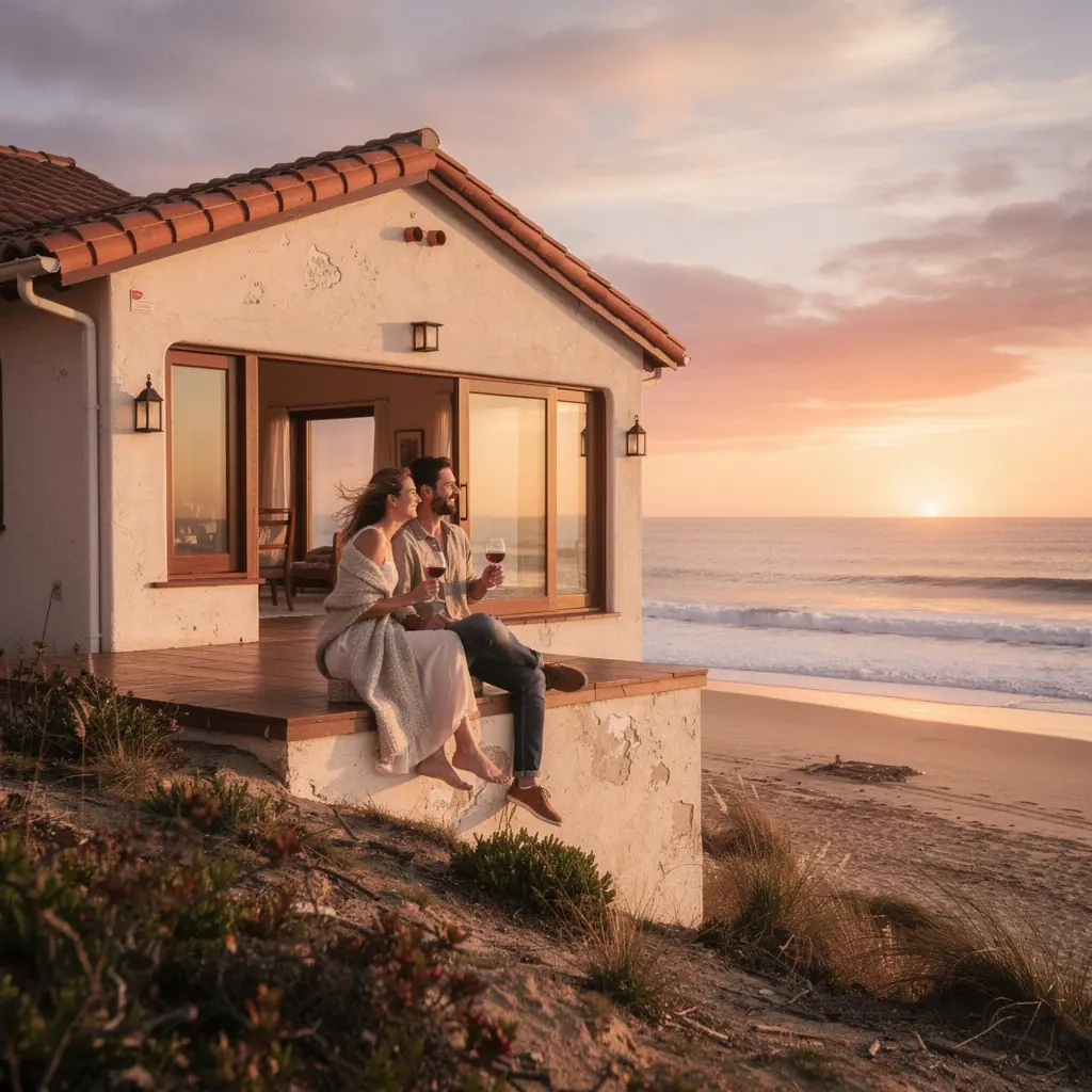 Элегантный фасад дома с декоративными элементами и яркими цветами растений вокруг.