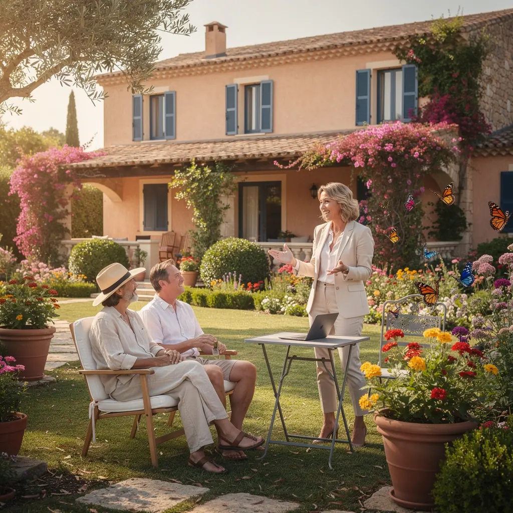 Средиземноморский дом с черепичной крышей и штукатурным фасадом на фоне яркого солнечного неба.