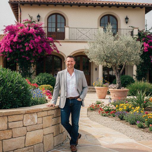 Солнечная веранда с видом на сад и бассейн.